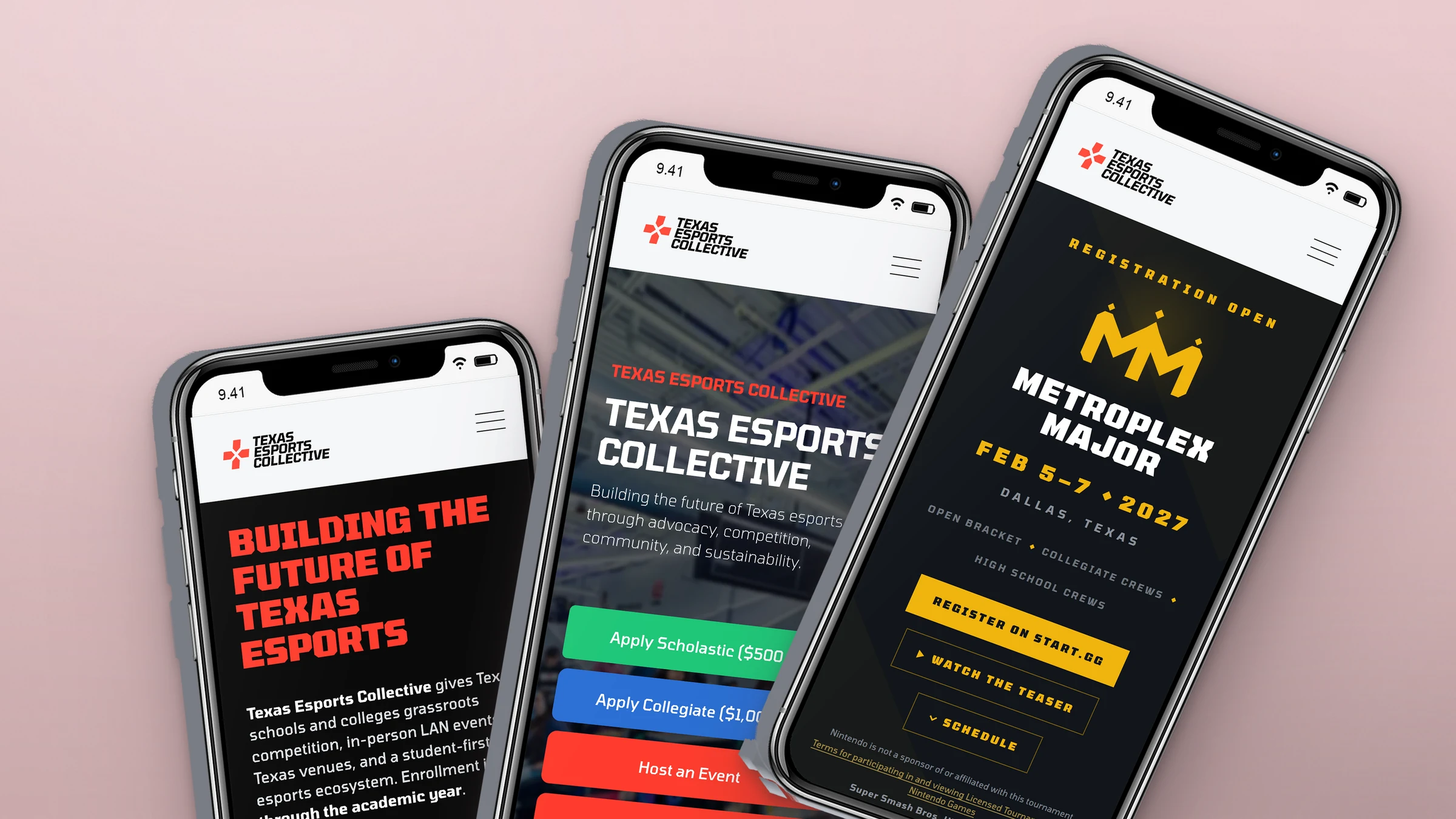 Texas Esports Collective 4 Texas Esports website on three phones