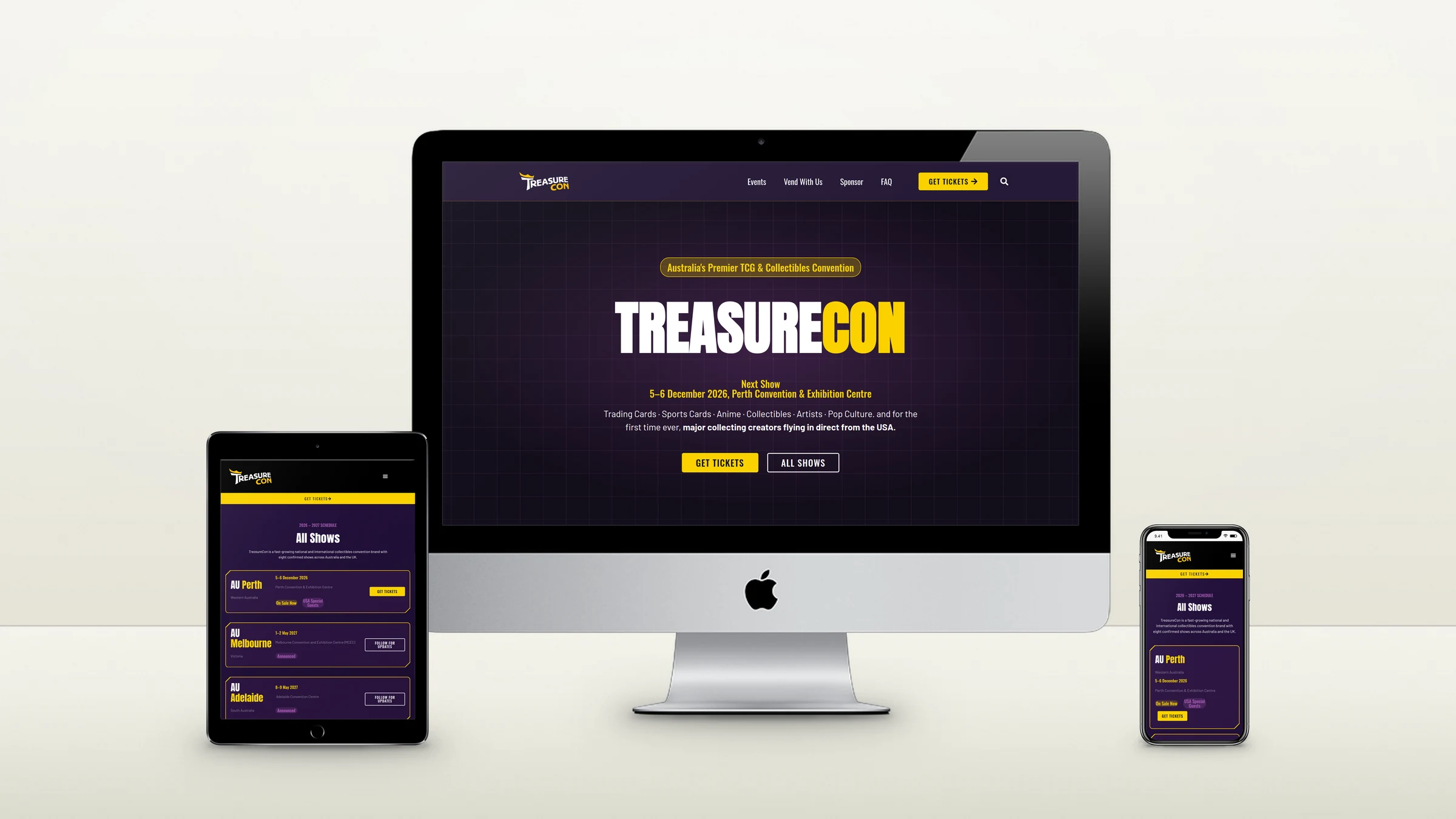 TreasureCon website on a desktop computer, a tablet and a phone