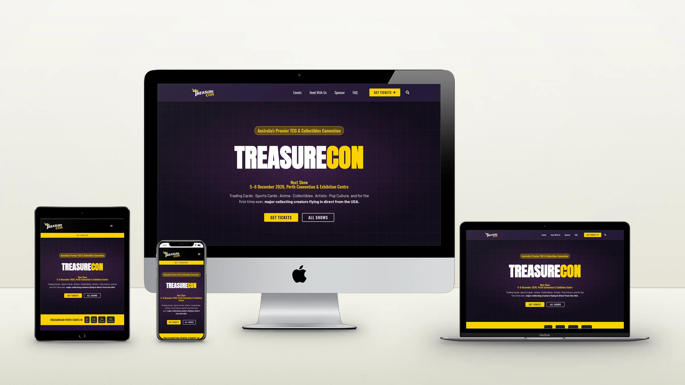 TreasureCon website on a desktop, laptop, tablet and phone