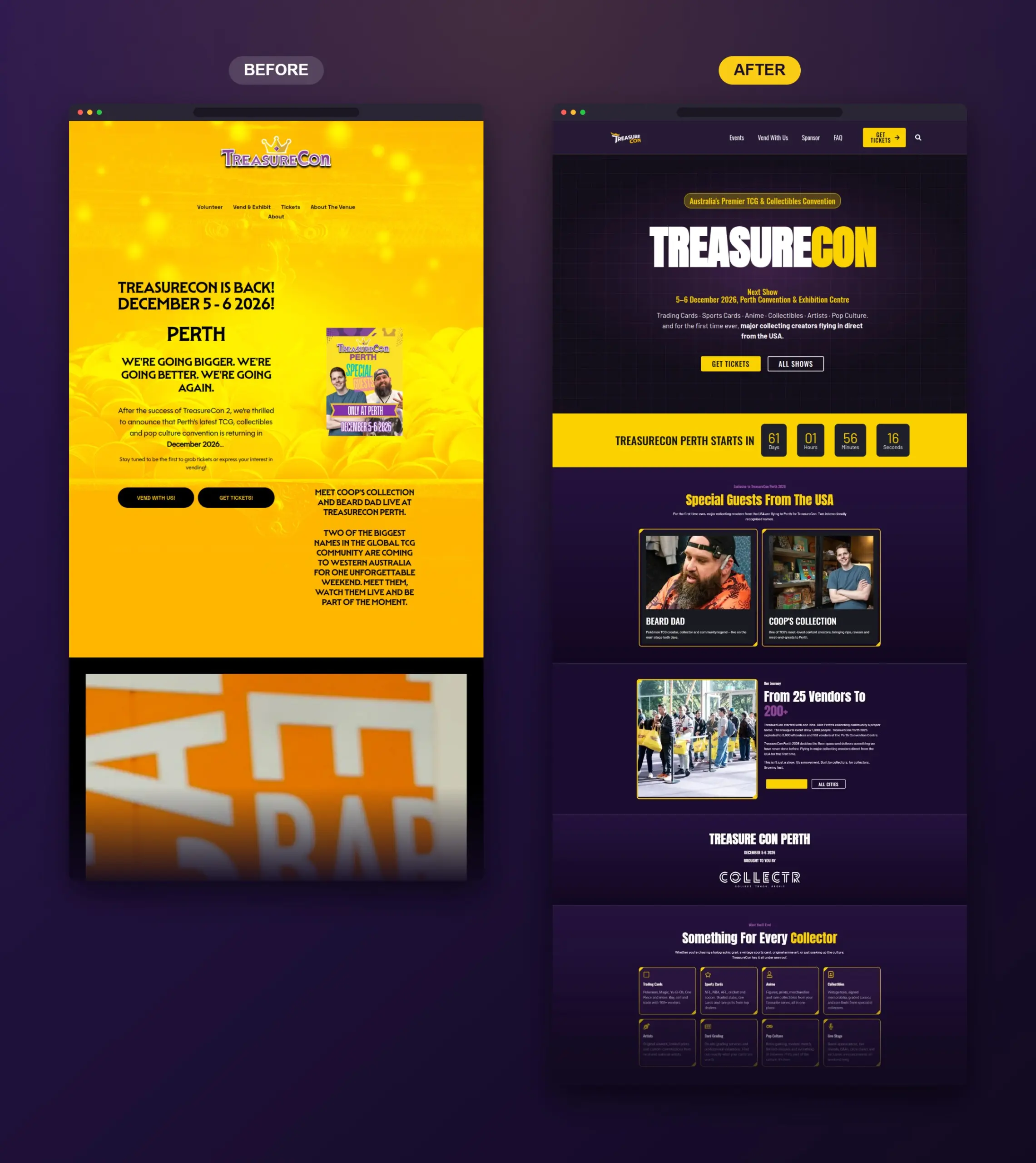 TreasureCon homepage before and after the redesign