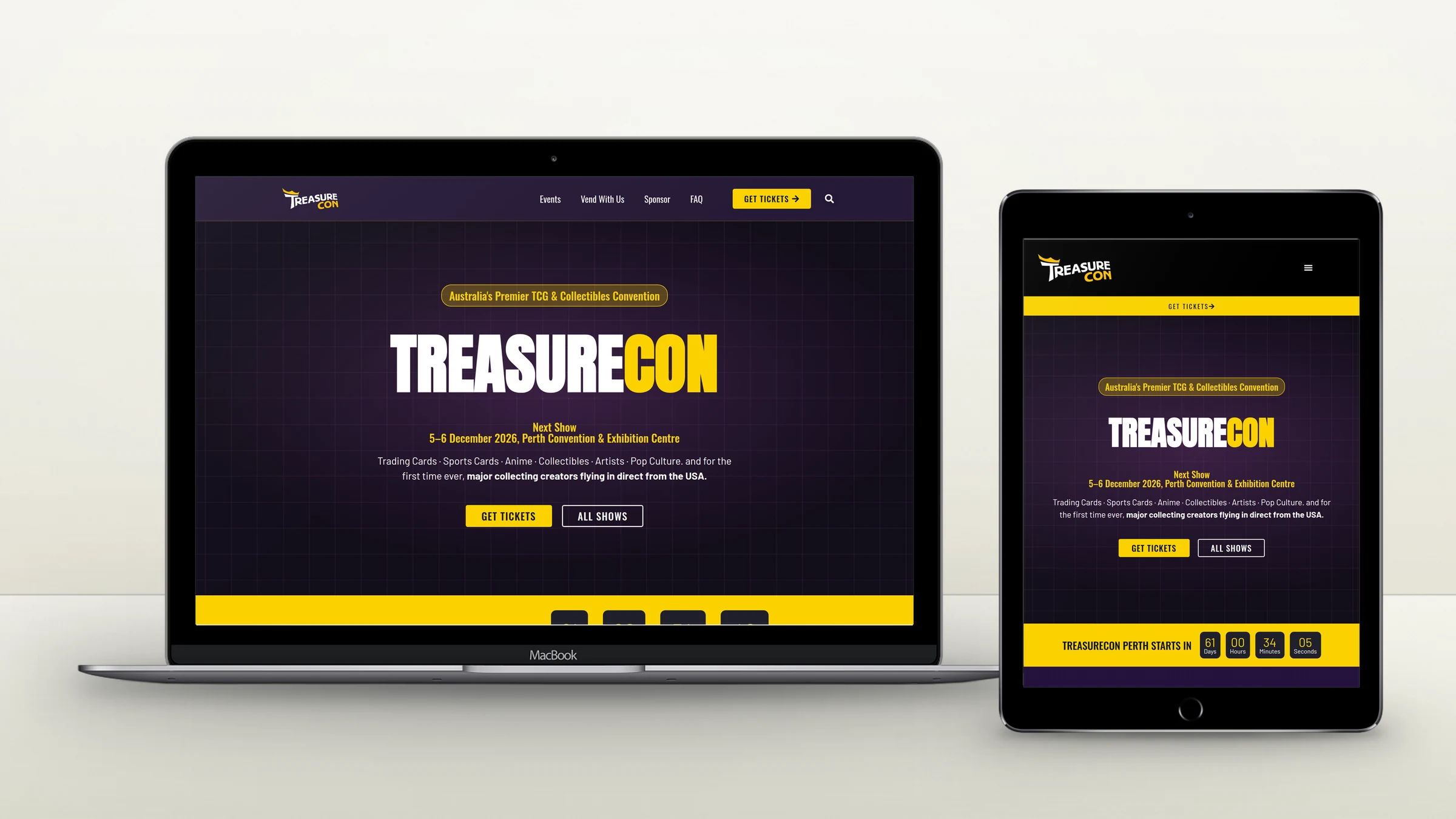 TreasureCon homepage on a laptop and a tablet