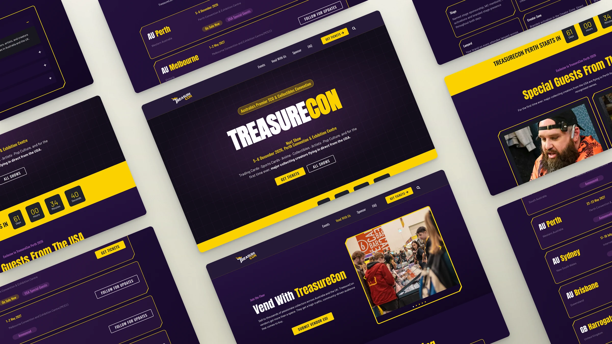 TreasureCon website sections laid out at an angle