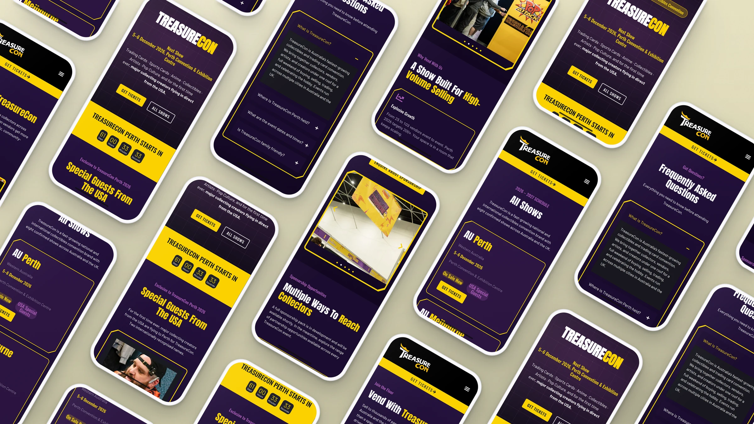 TreasureCon website pages on rows of phones
