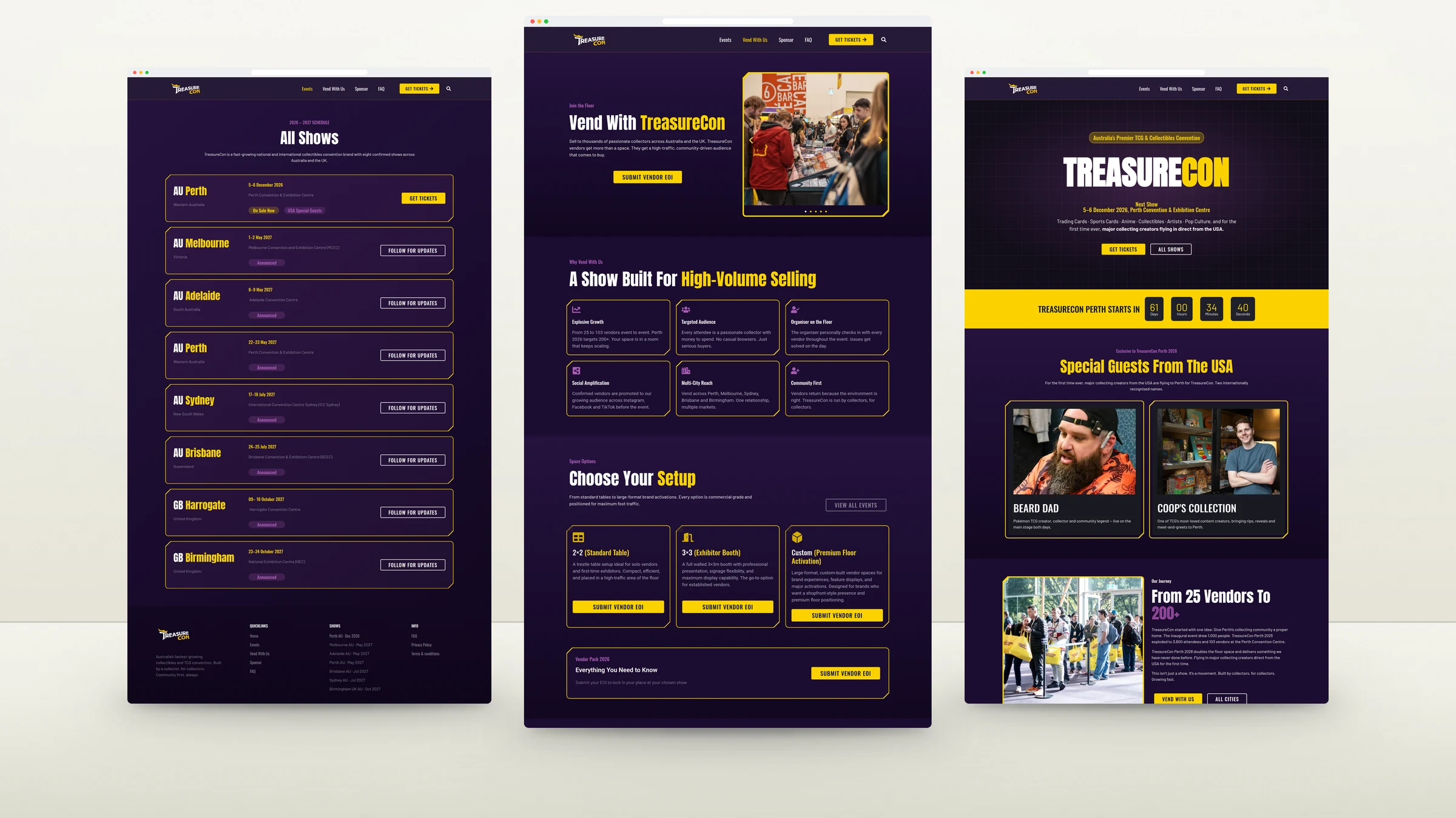 TreasureCon website pages standing side by side