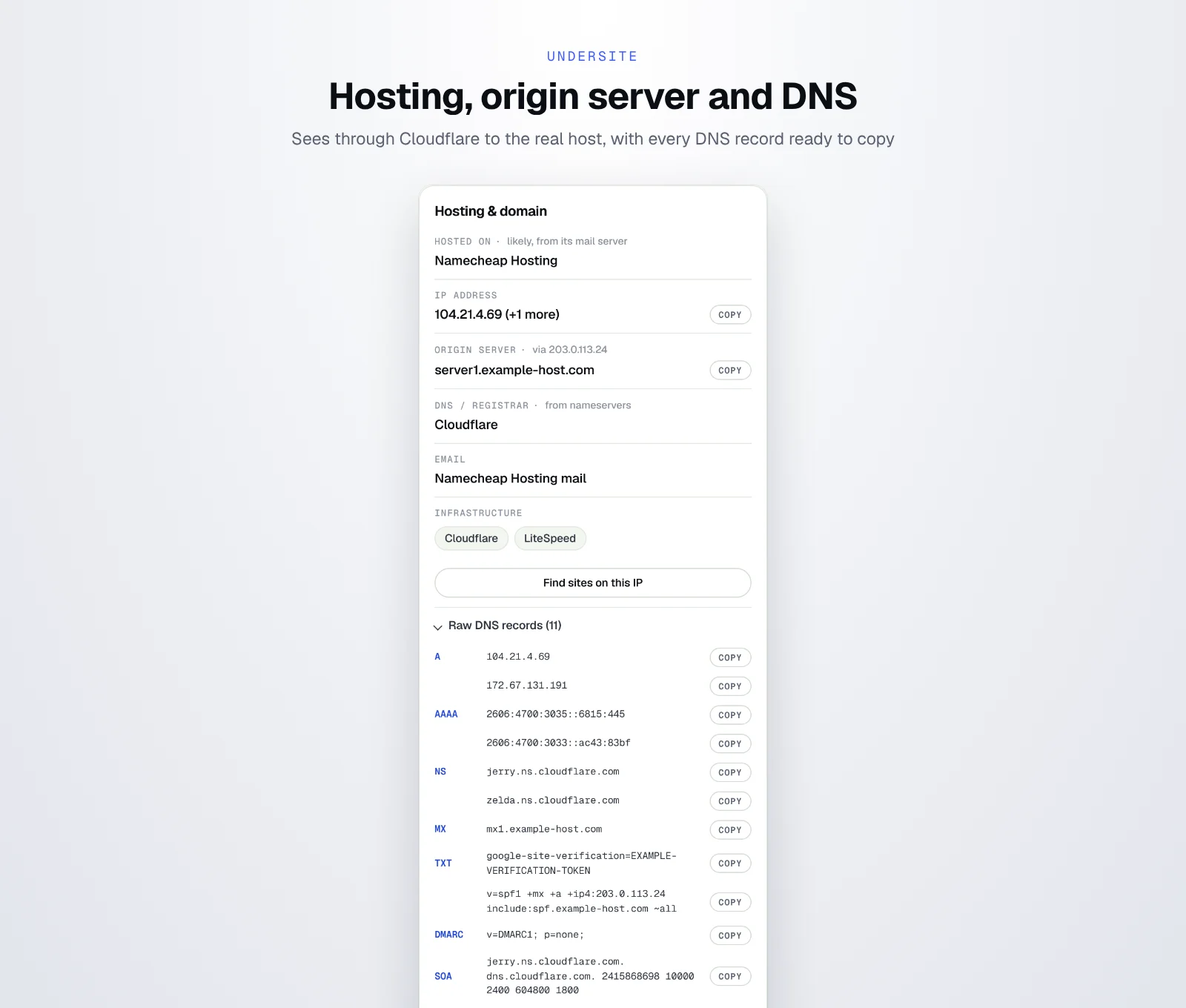Undersite hosting and DNS card with origin server behind Cloudflare and raw DNS records