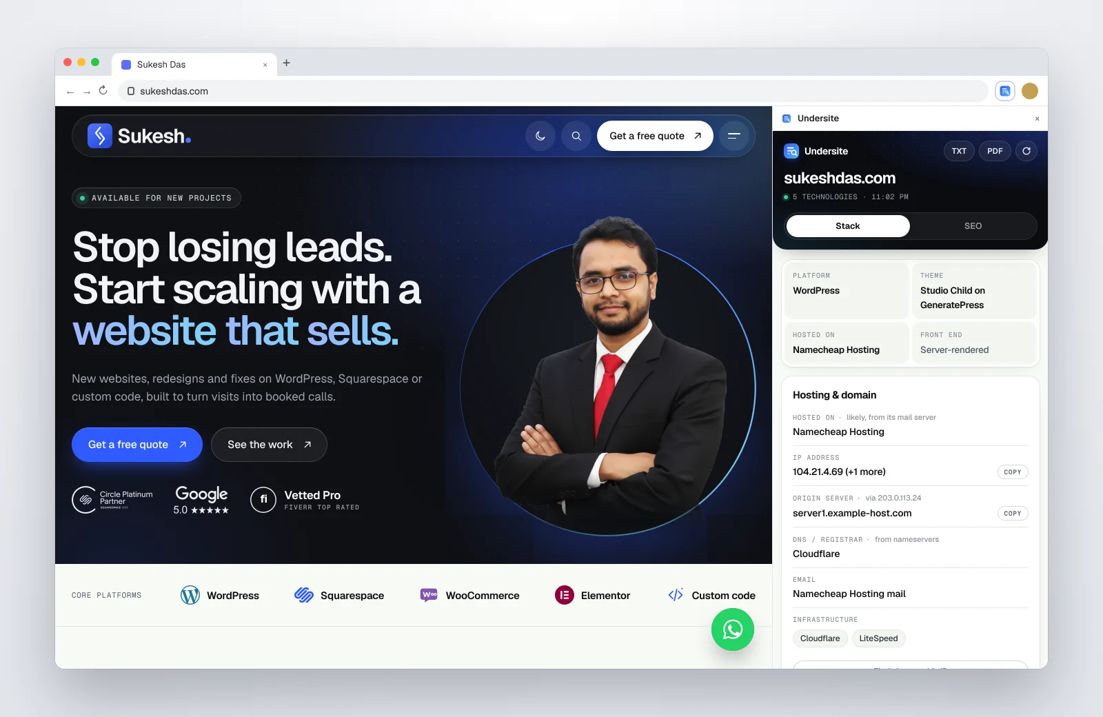 How to Find Out What a Website Is Built With (Free Chrome Extension) 1 Undersite Stack tab showing platform, theme, hosting and front end of a website
