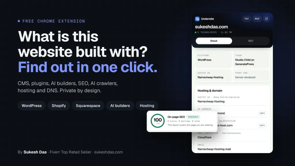 Undersite Chrome extension showing what a website is built with and its SEO score