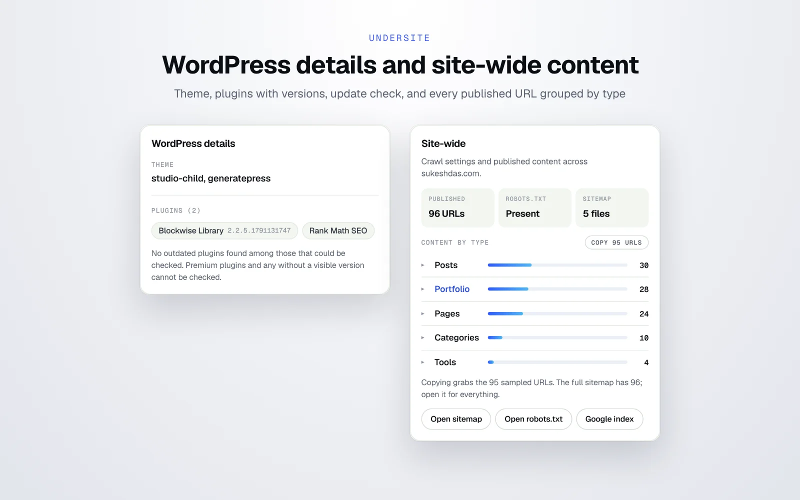 Undersite WordPress details with theme and plugins, and sitemap content grouped by type
