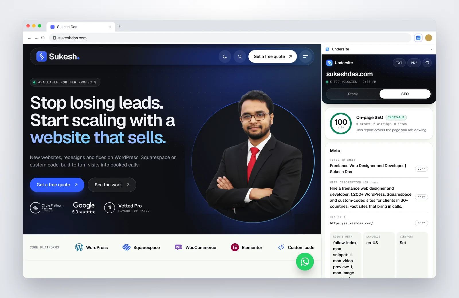 Undersite SEO tab with an on-page SEO score of 100 and meta tag checks