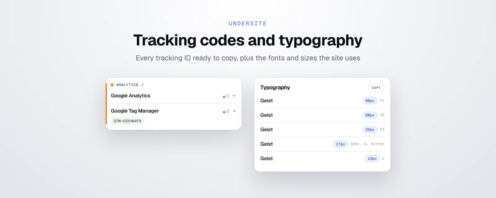 Undersite tracking codes with copyable Google Tag Manager ID, and typography card with fonts and sizes