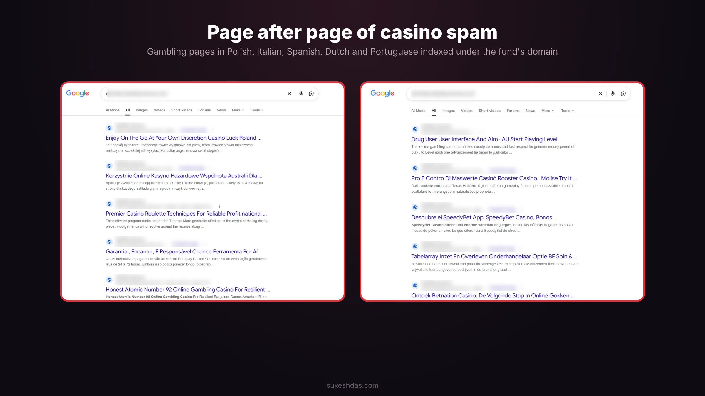 Venture Fund Website Casino Spam Cleanup 2 Google results for a venture fund website full of casino spam pages in several languages