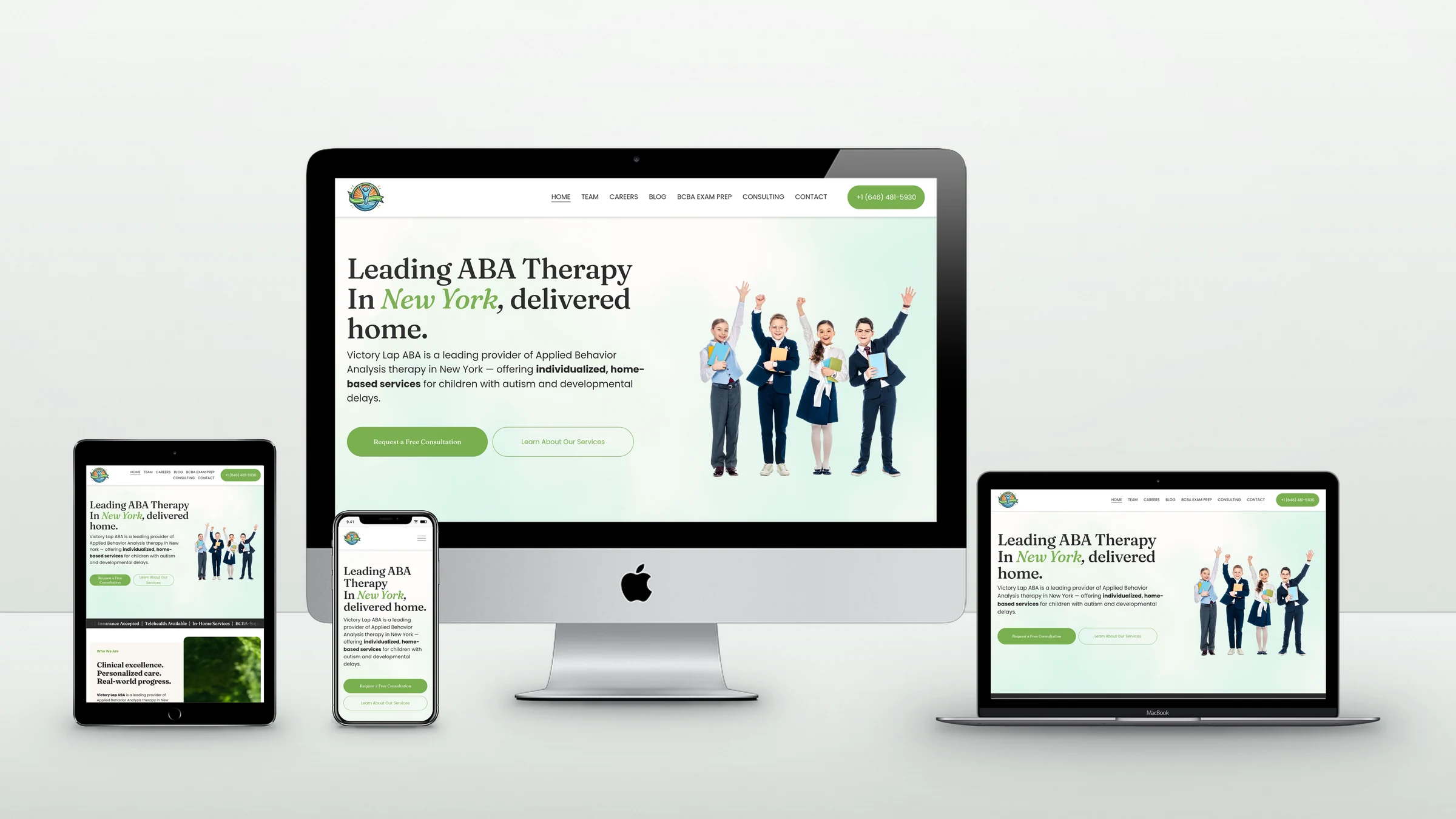 Victory Lap ABA website on a desktop, laptop, tablet and phone