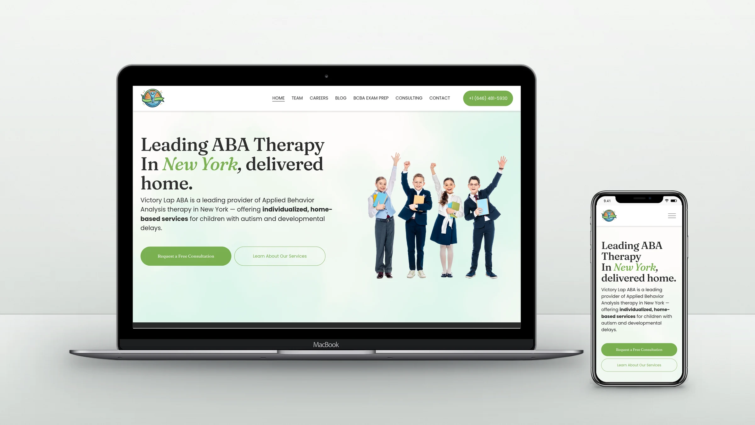Victory Lap ABA homepage on a laptop and a phone