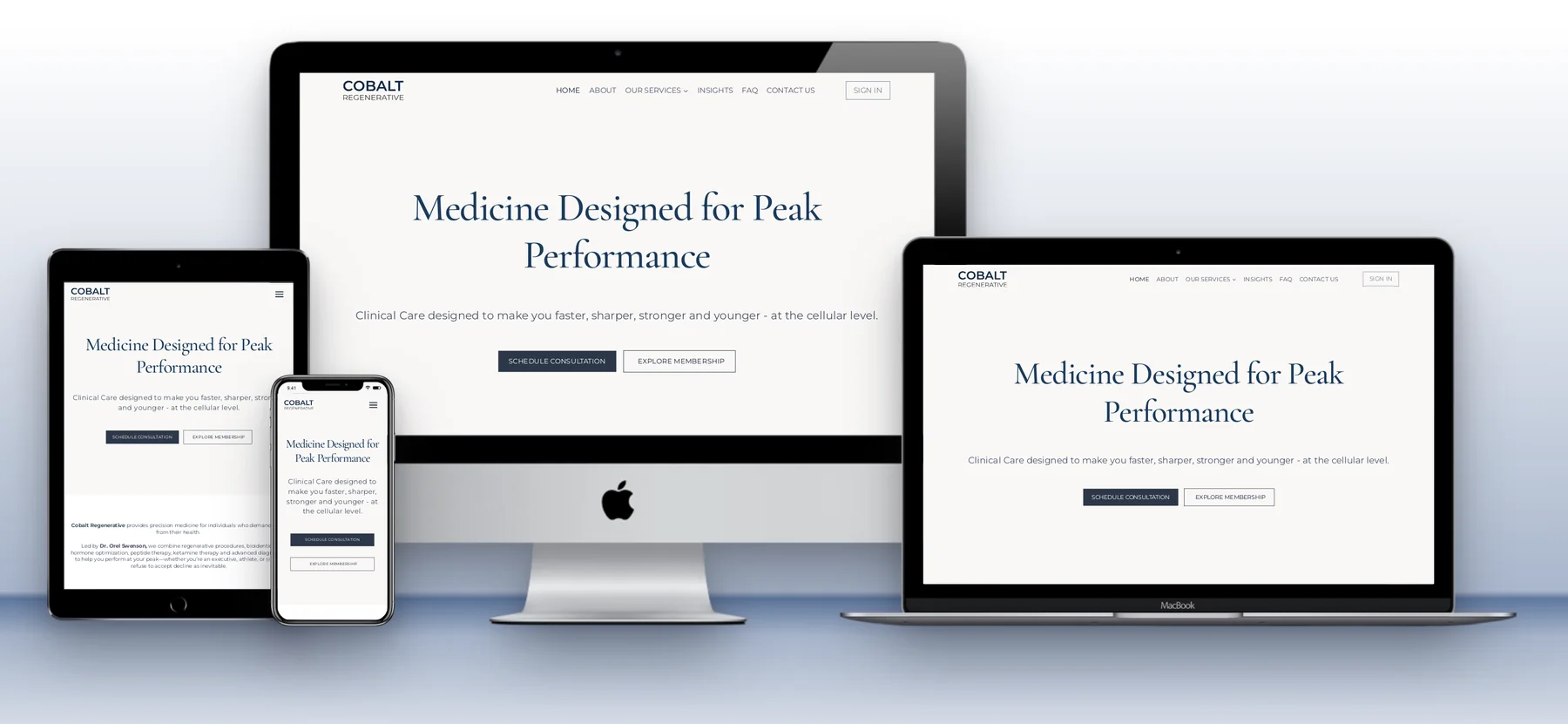 Website Mockup Generator 4 Cobalt Regenerative website mockup on iMac, MacBook, iPad and iPhone with a custom background colour