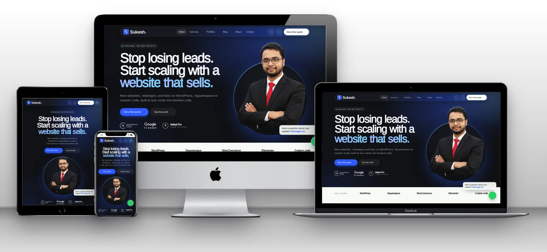 Responsive Website Mockups for Your Portfolio: 7 Tips That Win Clients 2 sukeshdas.com shown on an iMac, MacBook, iPad and iPhone in a free website mockup