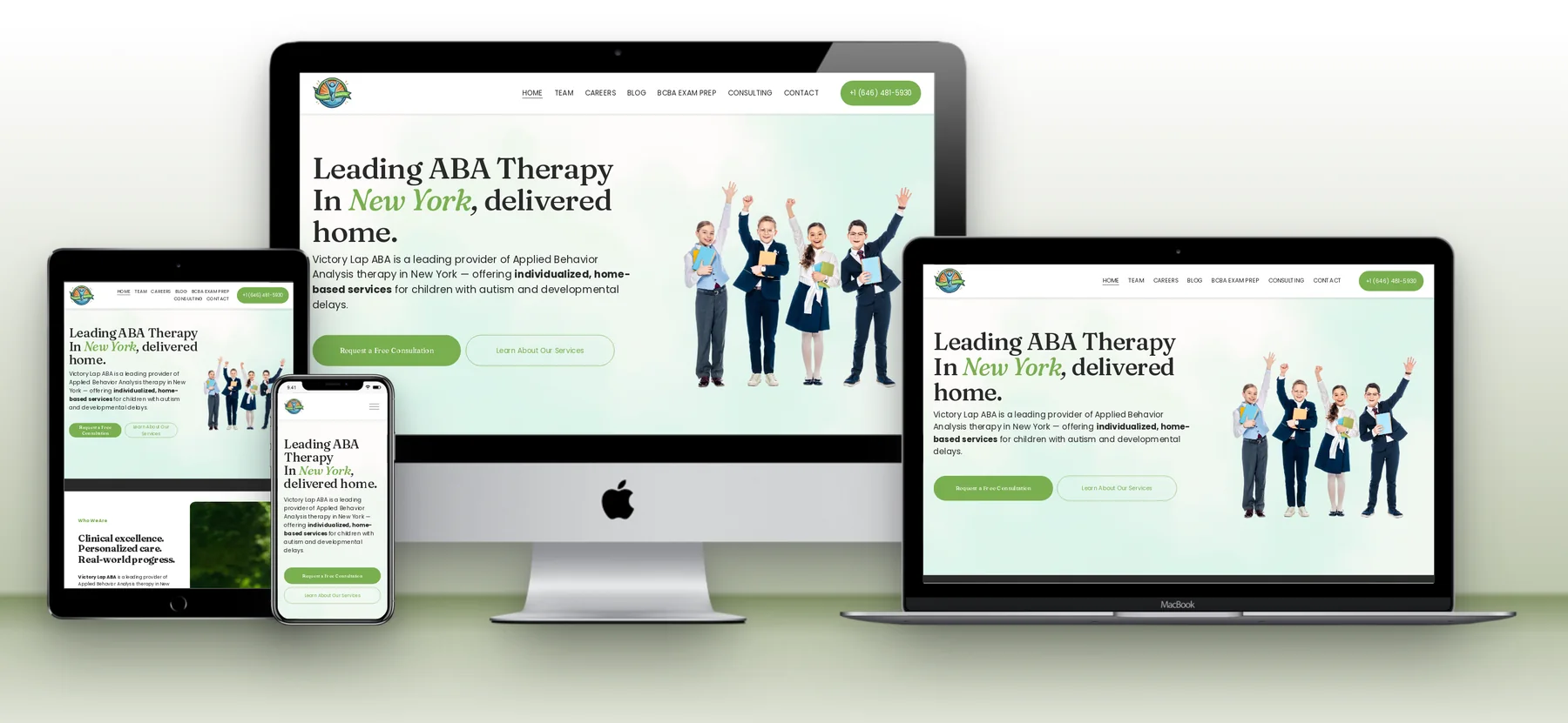 Website Mockup Generator 2 Victory Lap ABA website on an iMac, MacBook, iPad and iPhone, made with the free Website Mockup Generator
