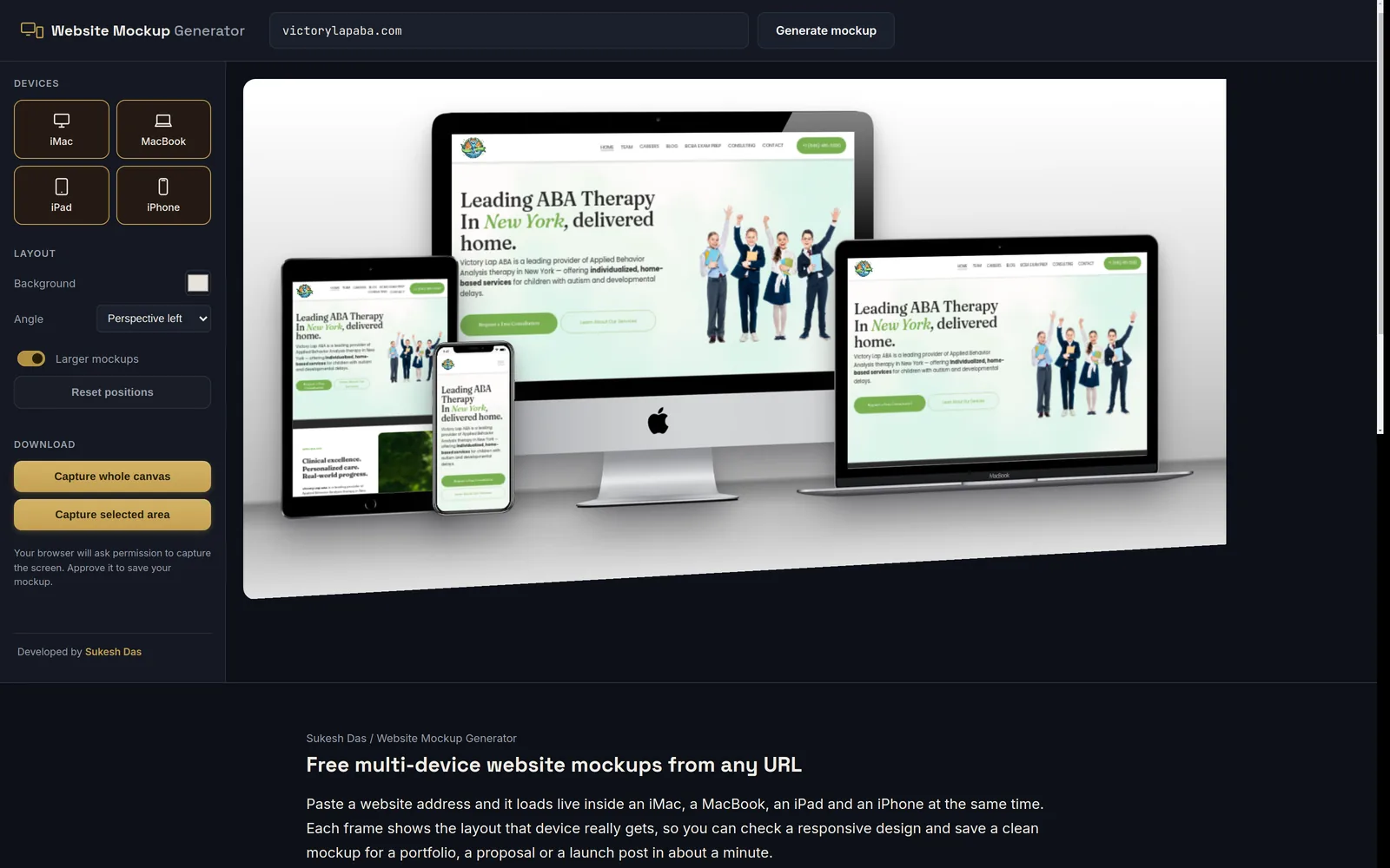 Website Mockup Generator interface with a live site loaded on four devices and the layout controls on the left