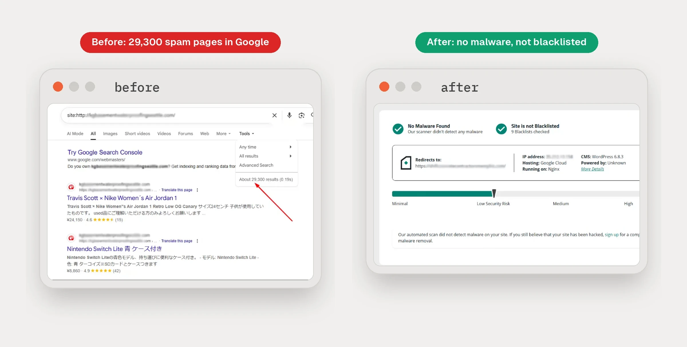 WordPress Malware Removal for 191 Hacked Sites in 14 Days 3 Before and after WordPress malware removal: 29,300 Japanese spam pages in Google before, and a clean scan with no malware and no blacklisting after